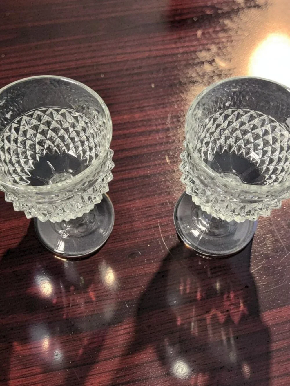 Vintage Set of 2 1960's Indiana Glass Diamond Point Clear Pedestal Wine Goblet.